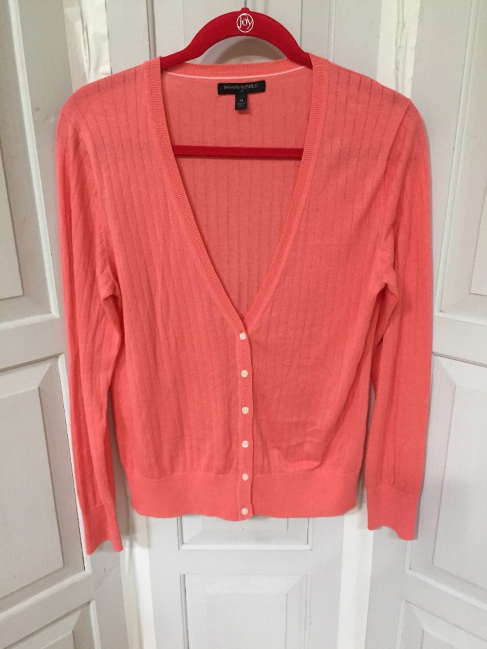 Banana Republic Coral Pink-Orange Ribbed V-Neck Cardigan